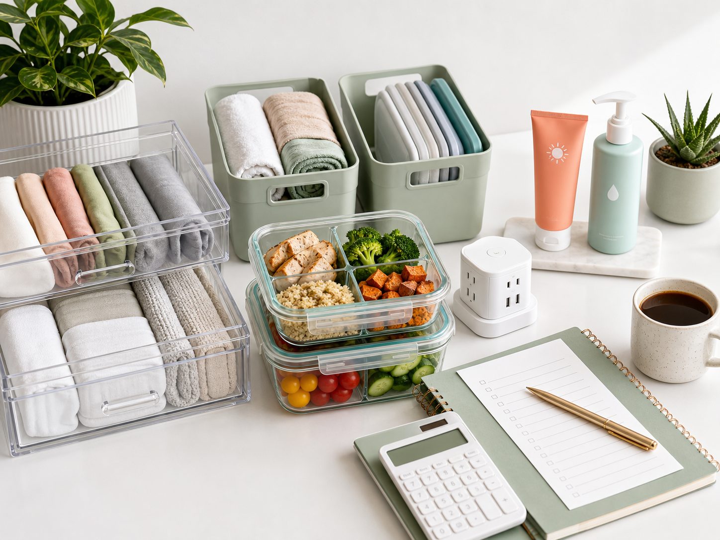 Organized storage, meal prep containers, skincare basics, charging station, and budget planner on a bright table